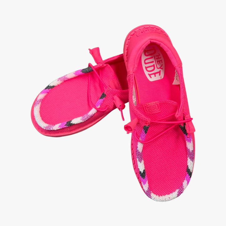 All Nations Designs &amp; More electric pink Hey Dude slip-on shoes featuring custom hand-beaded trim on mesh fabric