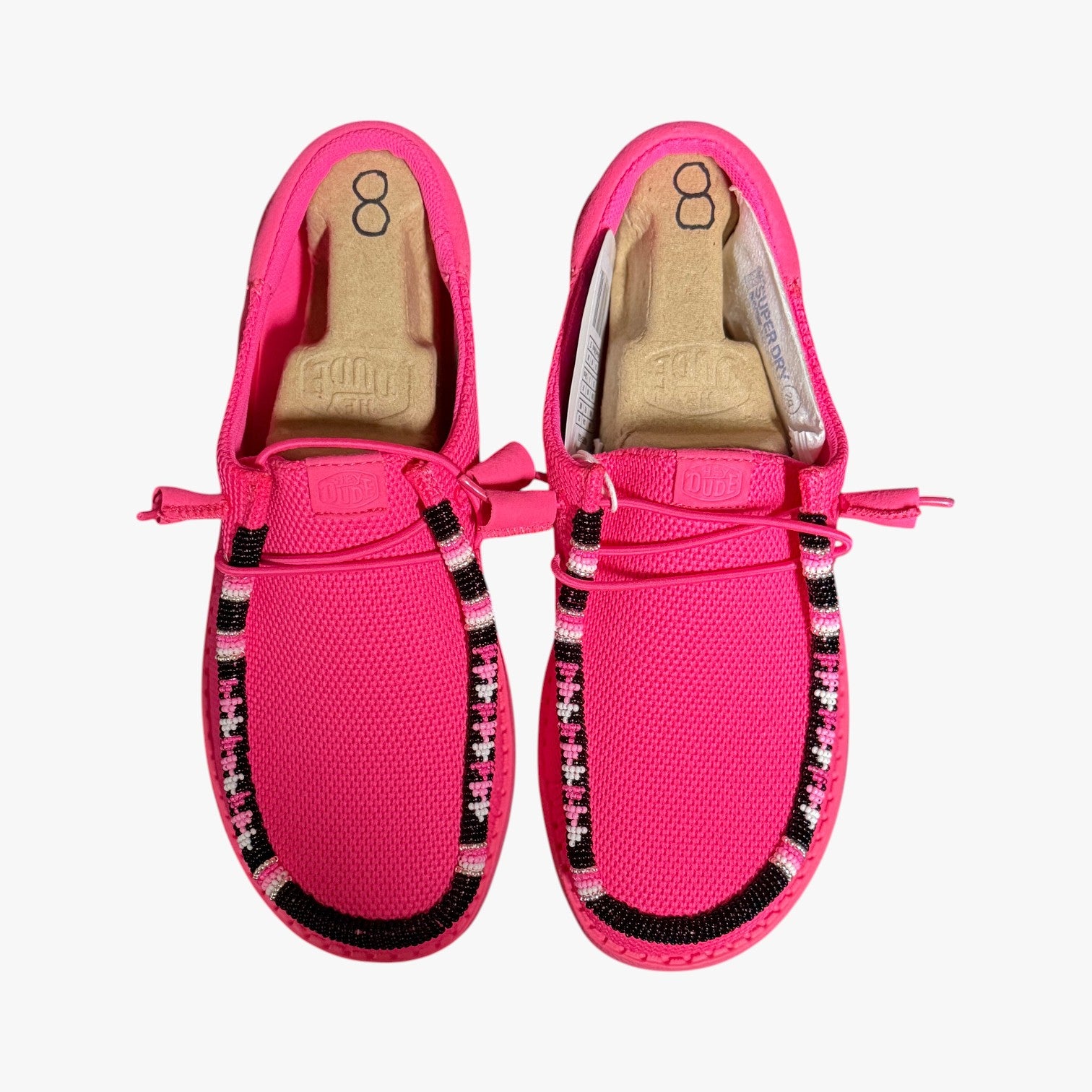 All Nations Designs & More electric pink Hey Dude slip-on shoes featuring custom hand-beaded trim in size 8.