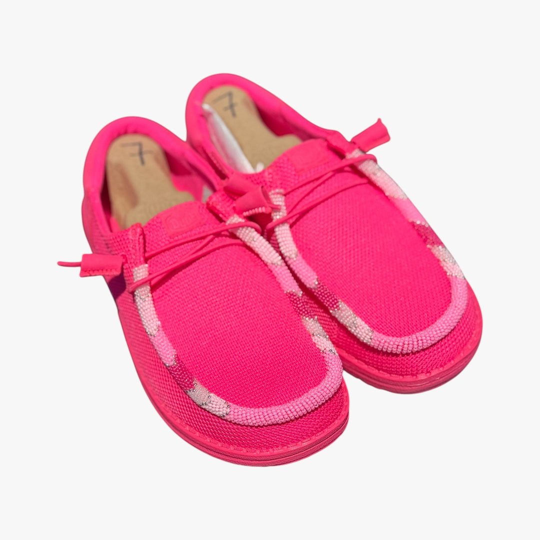 All Nations Designs &amp; More electric pink mesh Hey Dude slip-on shoes featuring custom hand-beaded trim details.