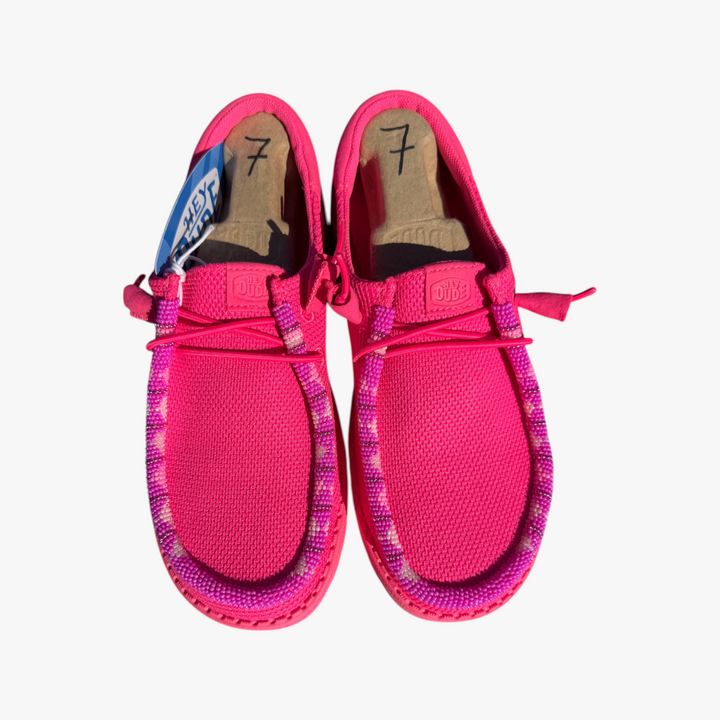 All Nations Designs &amp; More hand-beaded electric pink Hey Dude slip-on shoes with mesh fabric and size 7 inserts