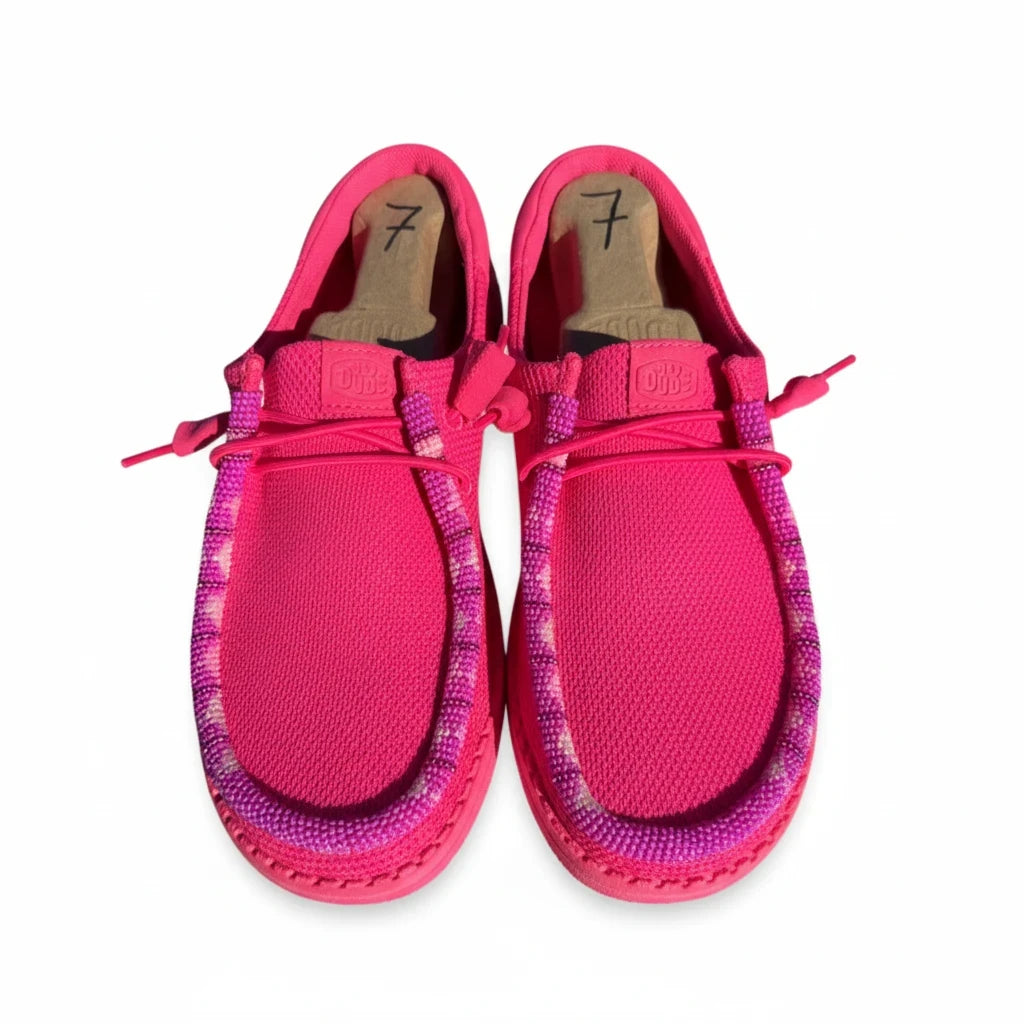 All Nations Designs &amp; More electric pink Hey Dude slip-on shoes featuring custom hand-beaded trim details.