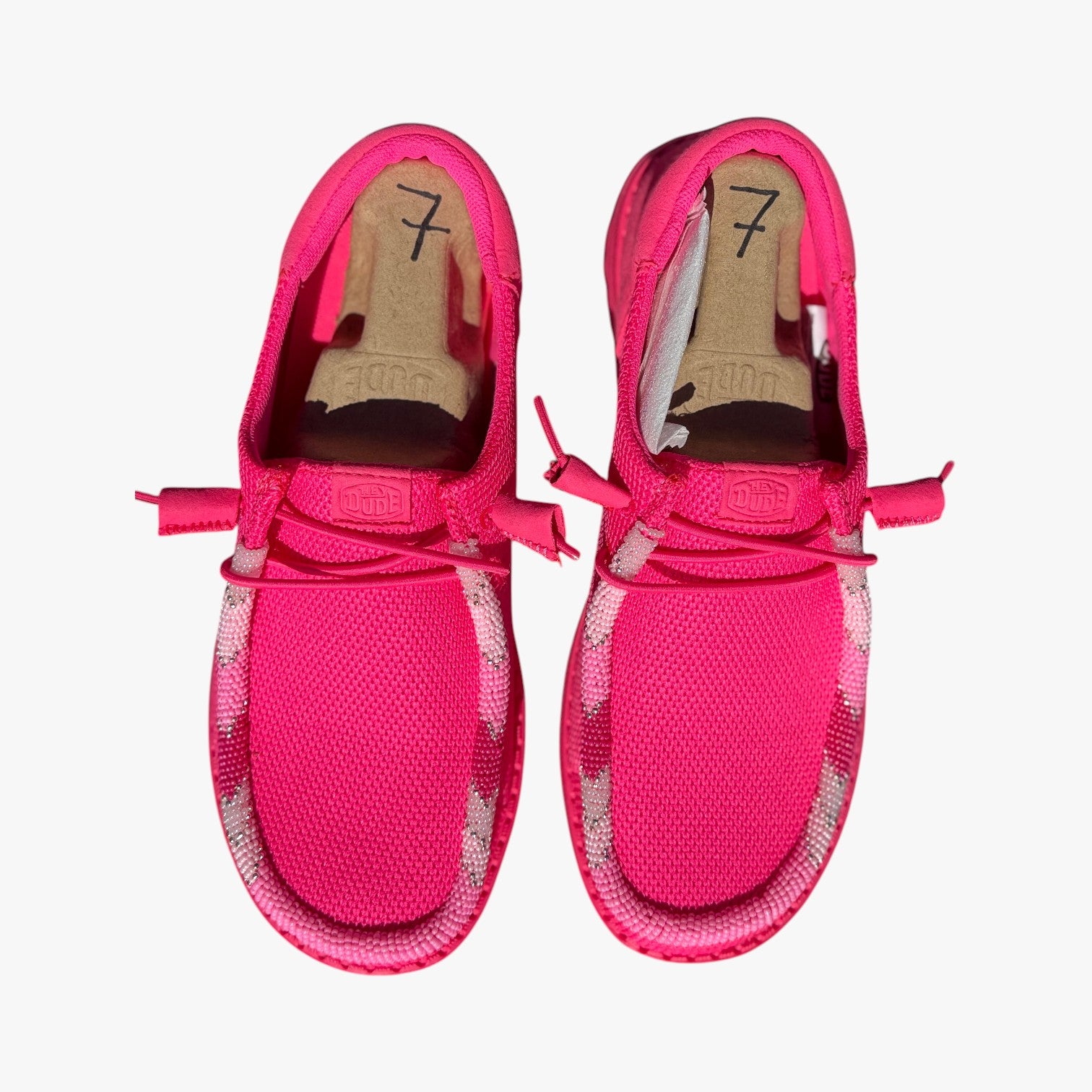 All Nations Designs & More electric pink Hey Dude slip-on shoes with custom hand-beaded detailing in a size 7.