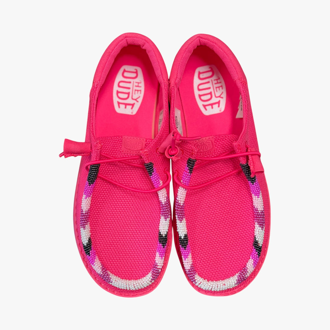 All Nations Designs &amp; More electric pink Hey Dude slip-on shoes with custom hand-beaded detailing on the mesh upper.