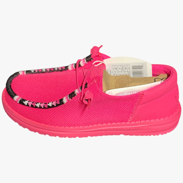 All Nations Designs &amp; More electric pink mesh Hey Dude slip-on shoes featuring unique hand-beaded trim detail.