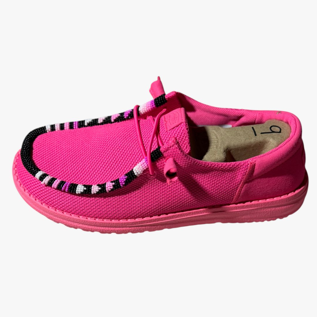 All Nations Designs &amp; More electric pink mesh Hey Dude slip-on shoes featuring custom black and white hand-beading.