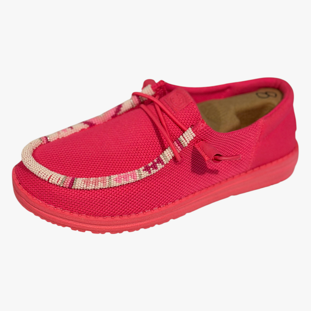 All Nations Designs &amp; More hand-beaded electric pink mesh Hey Dude slip-on shoes with intricate beadwork detailing.