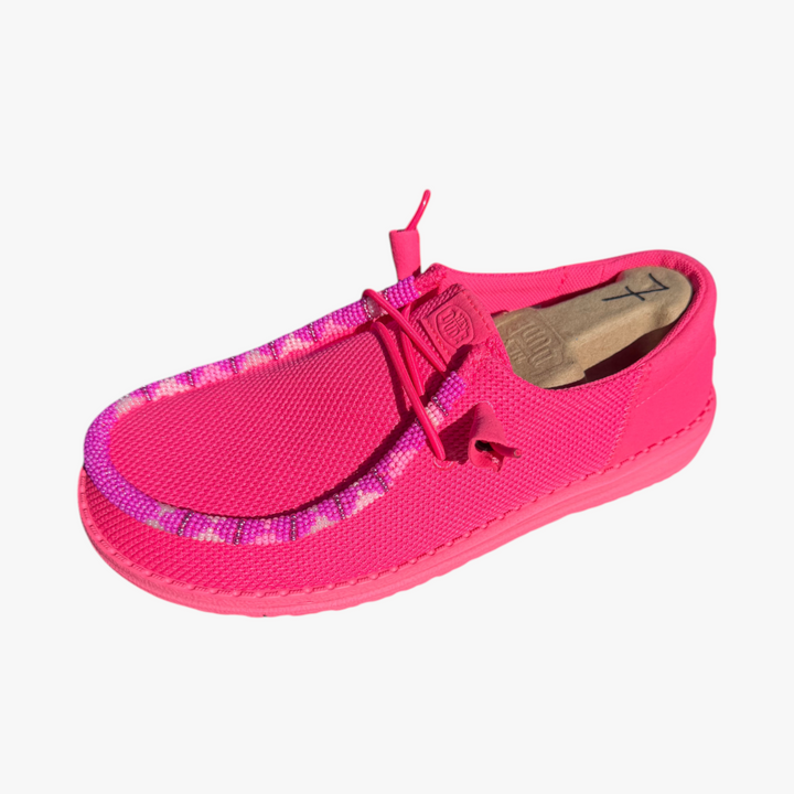All Nations Designs &amp; More hand-beaded electric pink mesh Hey Dude slip-on shoes with custom beadwork detail