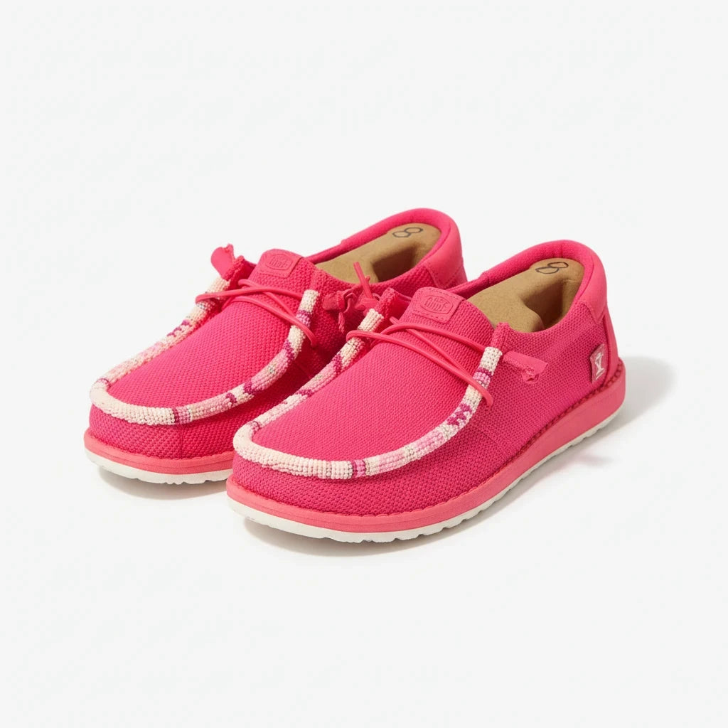 All Nations Designs &amp; More hand-beaded electric pink mesh slip-on shoes with white and pink patterned bead trim.