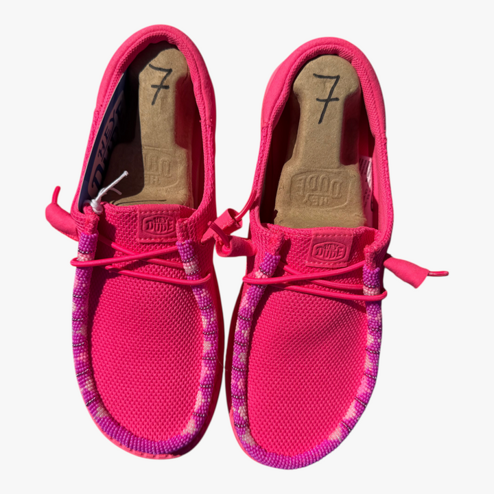 All Nations Designs &amp; More hand-beaded electric pink Hey Dude slip-on shoes with mesh fabric and size 7 inserts