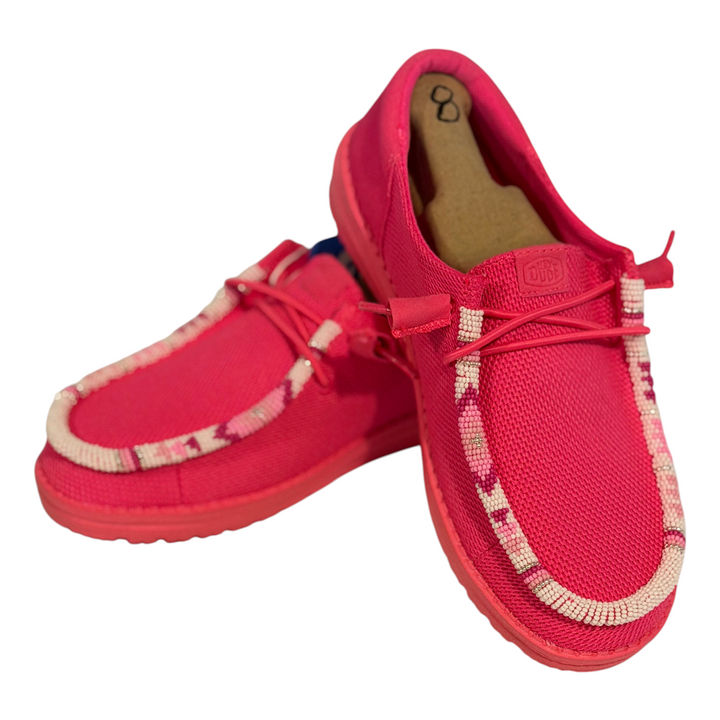 All Nations Designs &amp; More hand-beaded electric pink Hey Dude slip-on shoes with intricate beadwork trim
