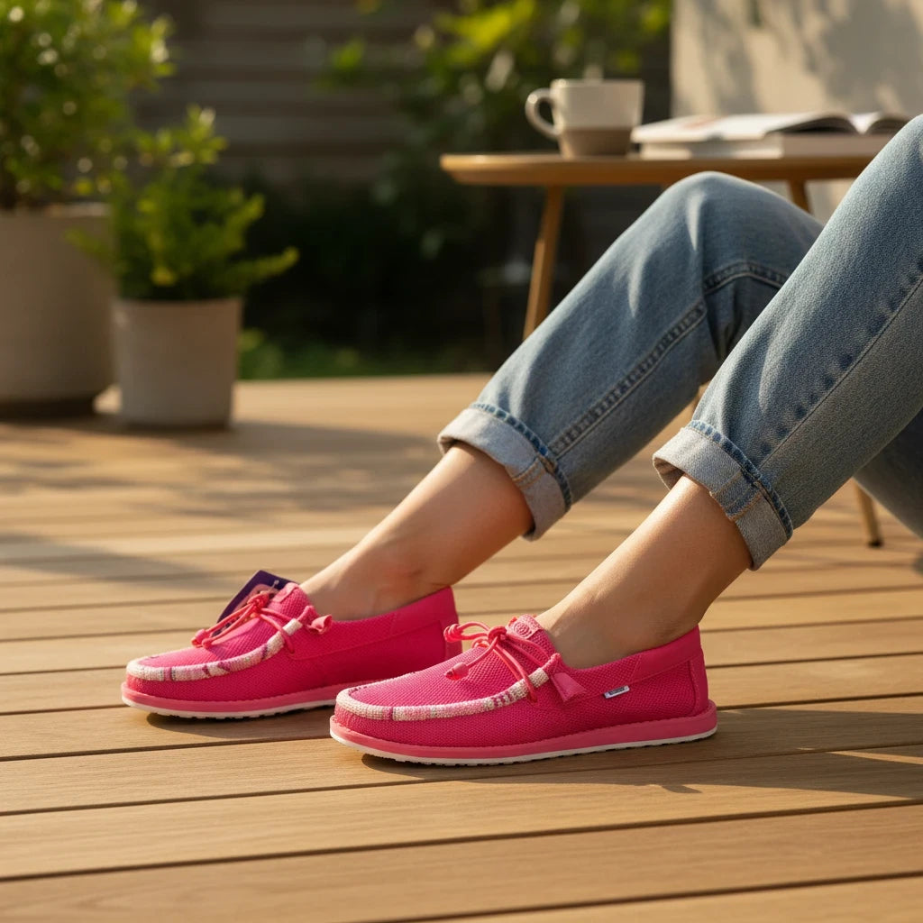 All Nations Designs &amp; More hand-beaded electric pink mesh slip-on shoes worn with jeans on a wooden deck