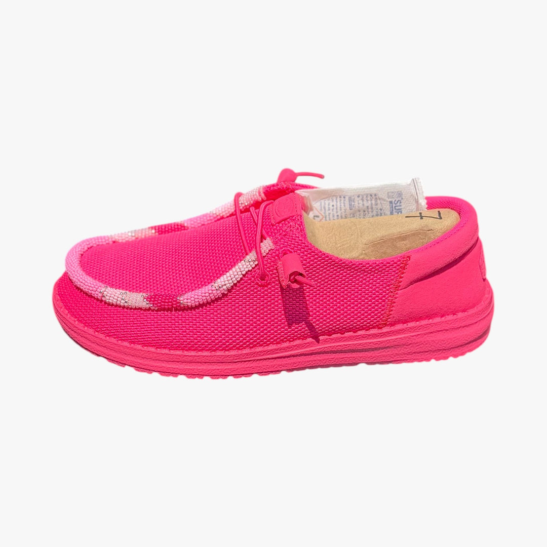 All Nations Designs &amp; More electric pink Hey Dude slip-on shoes featuring custom hand-beaded trim on mesh fabric.