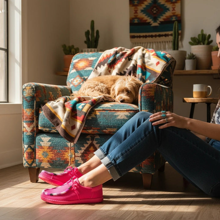 All Nations Designs &amp; More electric pink hand-beaded Hey Dude slip-on shoes worn by a woman in a cozy living room.