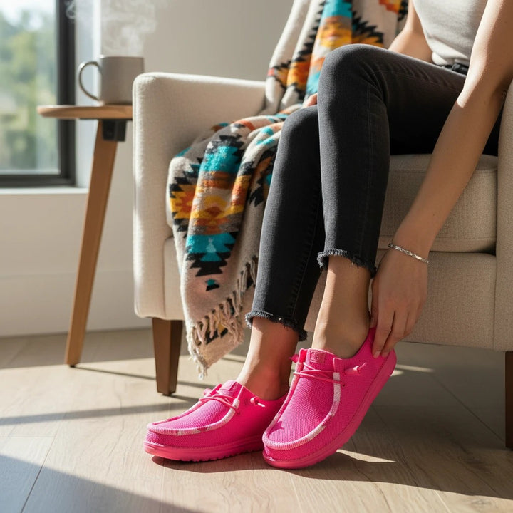 All Nations Designs &amp; More hand-beaded electric pink mesh Hey Dude slip-on shoes worn by a woman in a cozy chair.