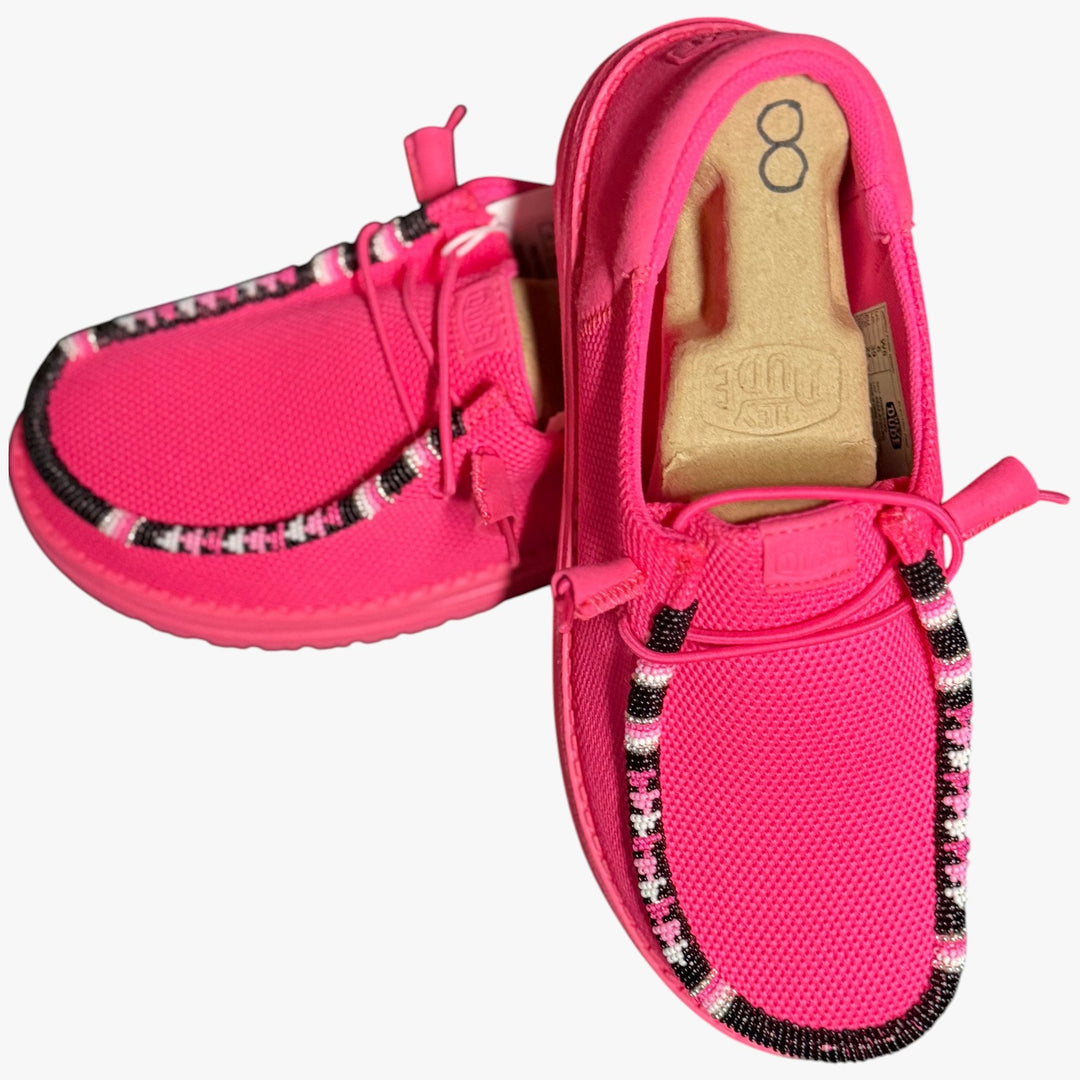 All Nations Designs &amp; More electric pink Hey Dude slip-on shoes featuring custom hand-beaded trim on mesh fabric.