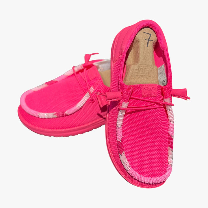 All Nations Designs &amp; More electric pink mesh slip-on shoes featuring unique hand-beaded detailing on the toe.