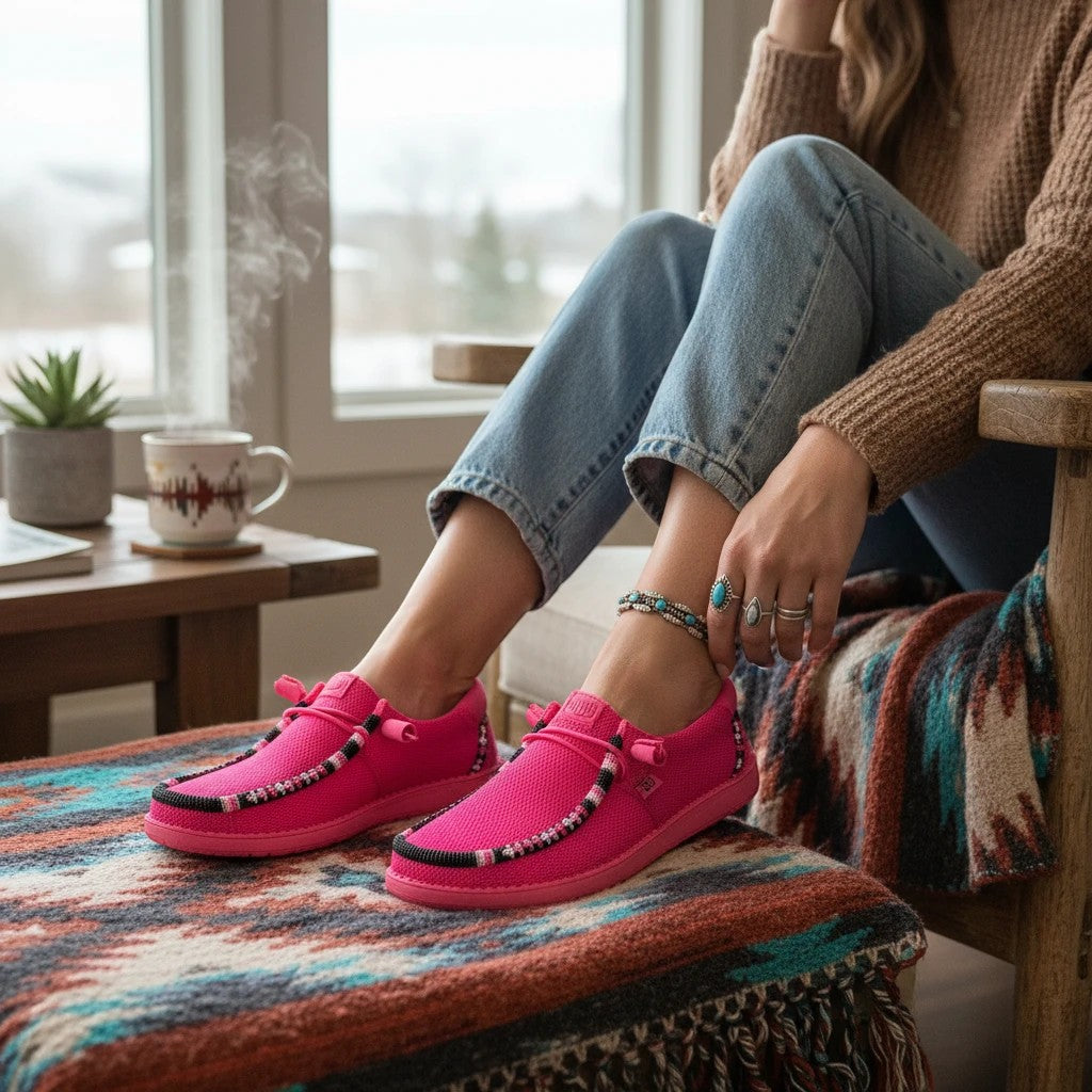 All Nations Designs &amp; More electric pink Hey Dude slip-on shoes with custom hand-beaded detailing worn by a woman