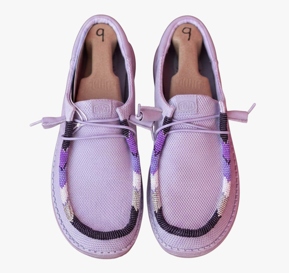 All Nations Designs & More purple mesh Hey Dude slip-on shoes featuring unique hand-beaded detailing on the toe.