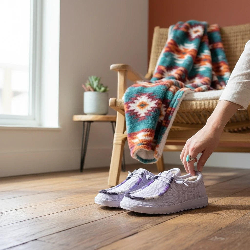 All Nations Designs &amp; More purple mesh Hey Dude slip-on shoes with custom hand-beaded detailing on a wooden floor.