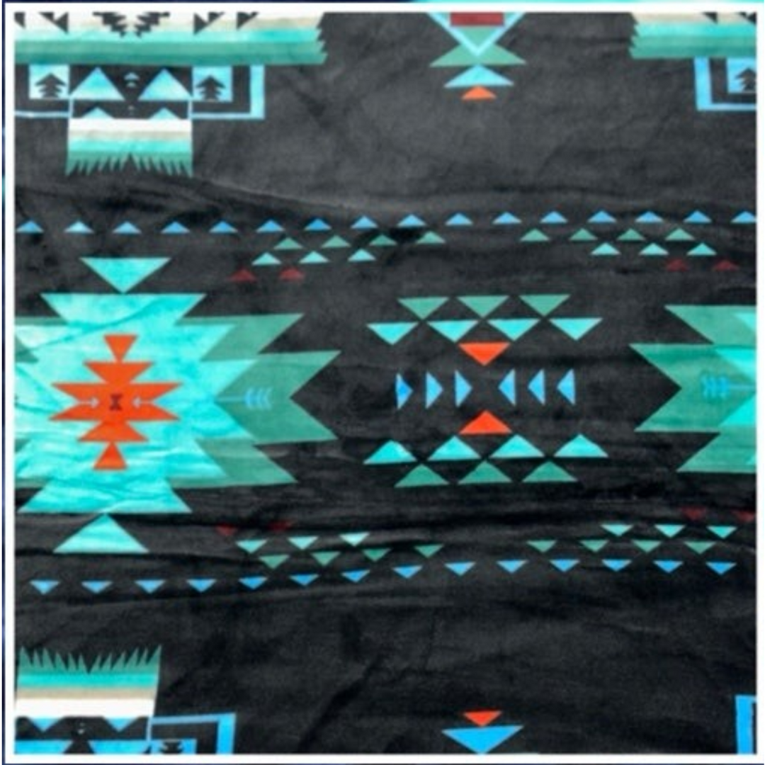 All Nations Designs &amp; More SW Sierra reversible polyester blanket featuring a blue geometric pattern and black reverse