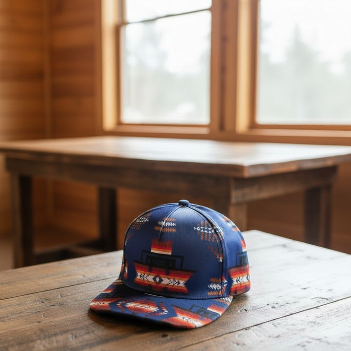 All Nations Designs &amp; More blue snapback hat with traditional southwest geometric patterns and a flat bill.