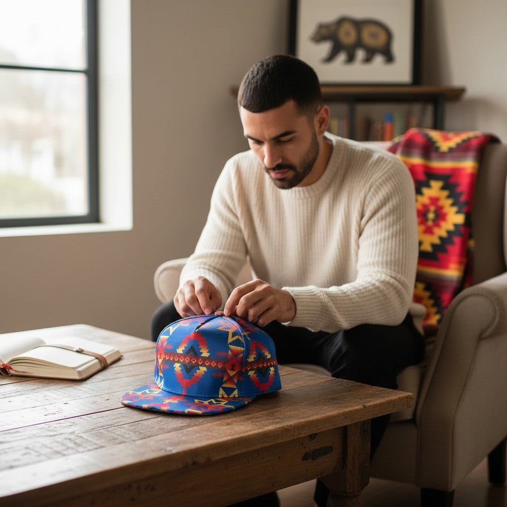 Man in cream sweater adjusting an All Nations Designs &amp; More southwest print flat bill snapback hat on a wooden table