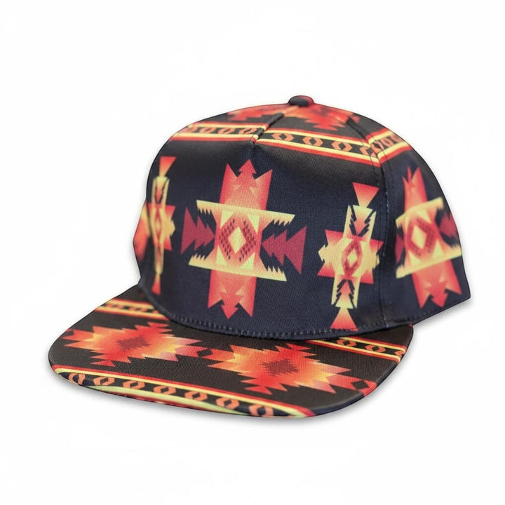 All Nations Designs &amp; More Black Mesa snapback hat with a flat bill and vibrant southwest geometric pattern.