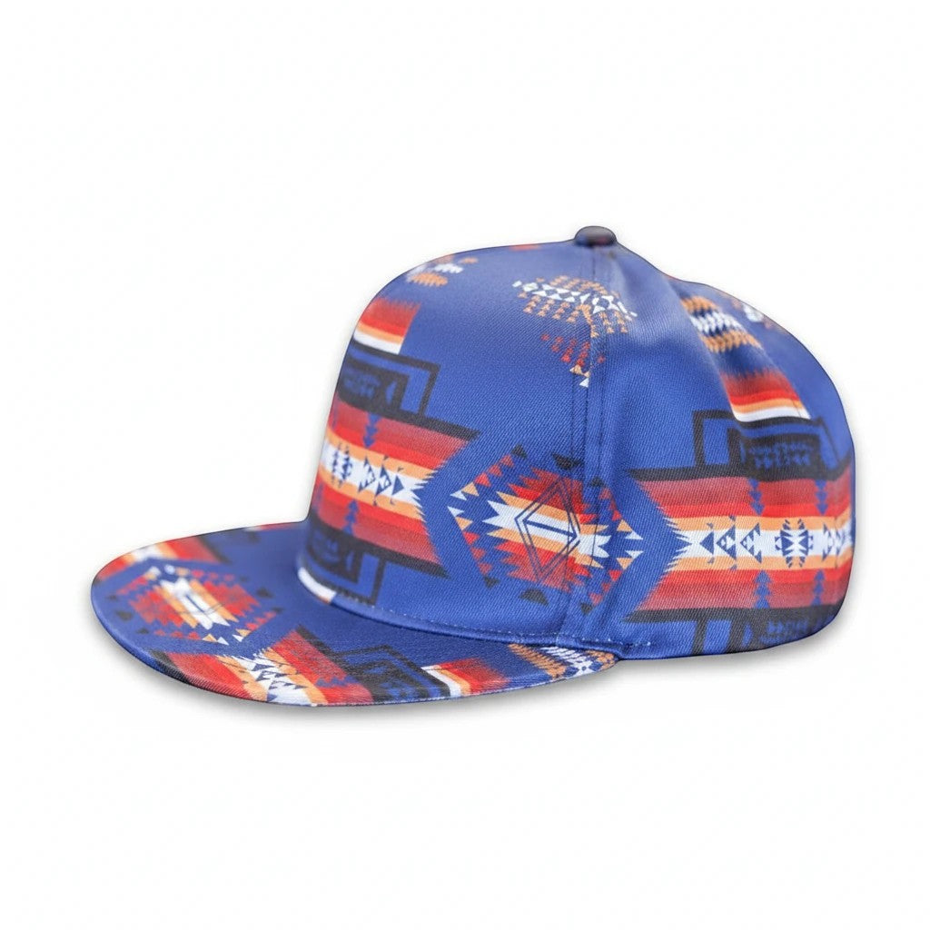 All Nations Designs &amp; More blue snapback hat with geometric southwest patterns, flat bill, and structured crown.