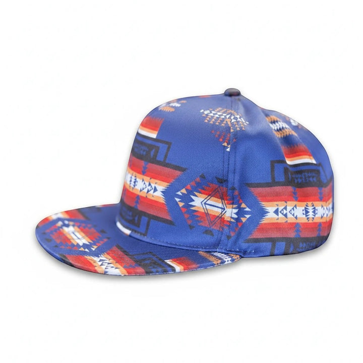 All Nations Designs &amp; More blue snapback hat with geometric southwest patterns, flat bill, and structured crown.