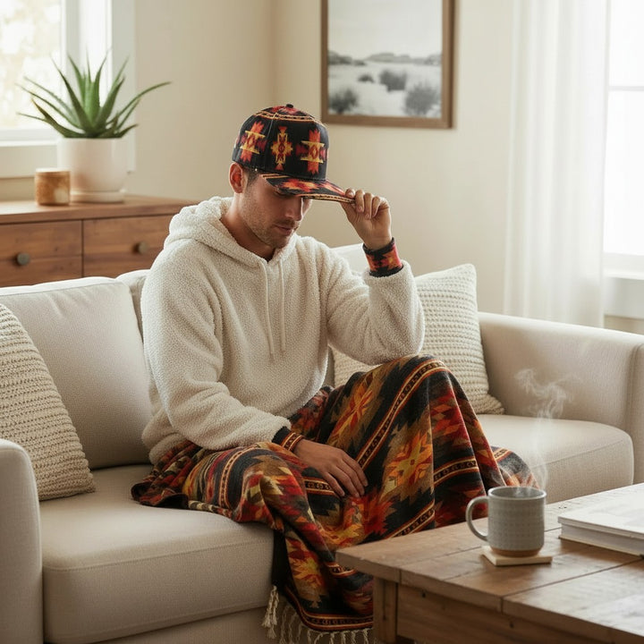 All Nations Designs &amp; More snapback hat with southwest geometric print in black, red, and gold worn by a man on a sofa