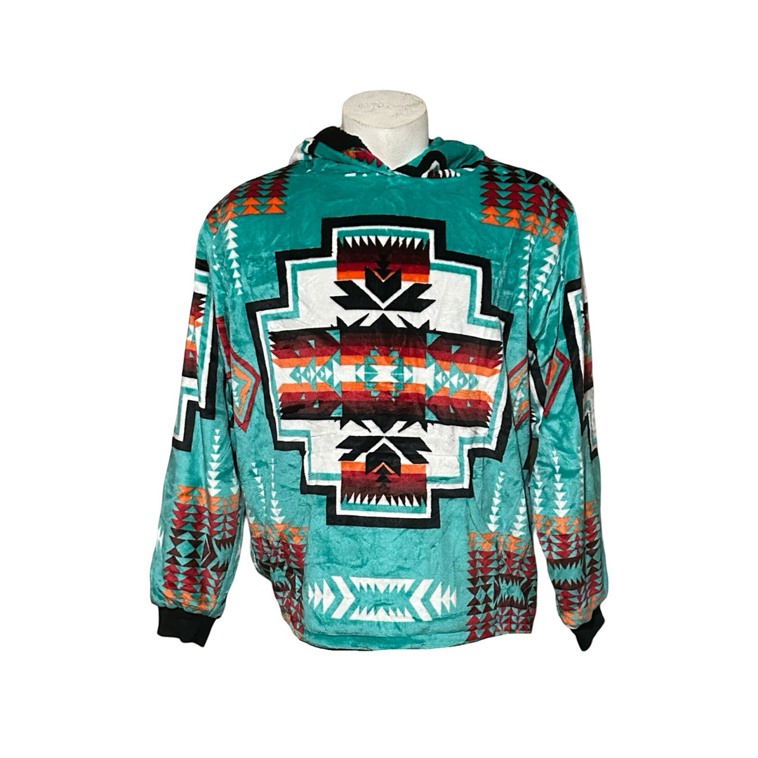 All Nations Designs &amp; More teal satin-touch hoodie featuring a bold Southwestern geometric Geo-Storm pattern.