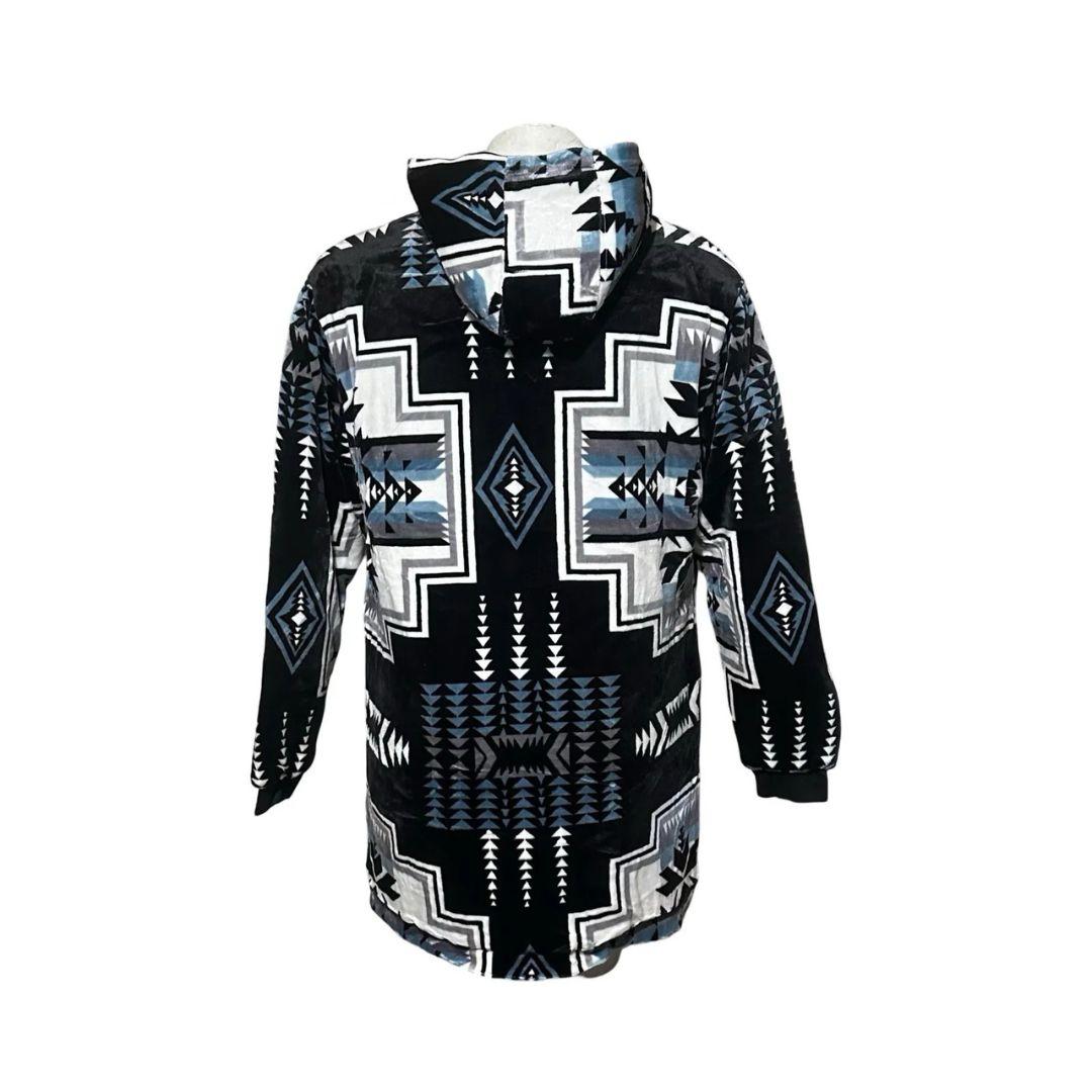 Back view of the black Geo-Storm Long Satin-Touch Southwestern Style Jacket featuring gray and white Native-inspired geometric patterns.