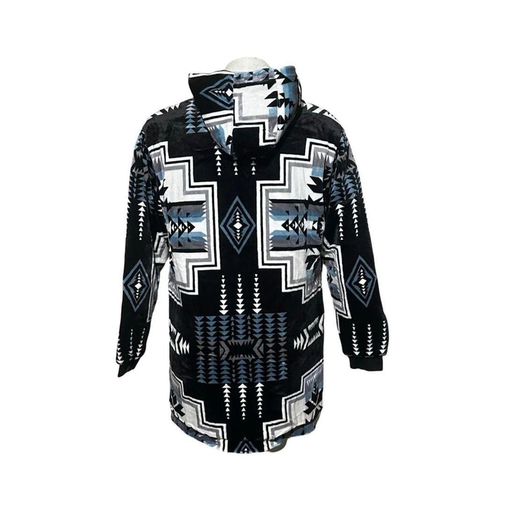 Back view of the black Geo-Storm Long Satin-Touch Southwestern Style Jacket featuring gray and white Native-inspired geometric patterns.