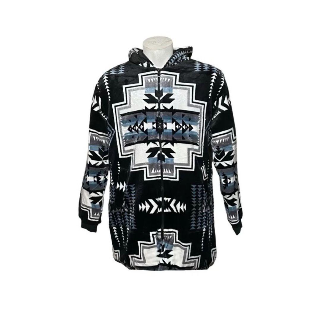 Front view of the black Geo-Storm Long Satin-Touch Southwestern Style Jacket with bold gray Southwestern-style geometric artwork and hood.