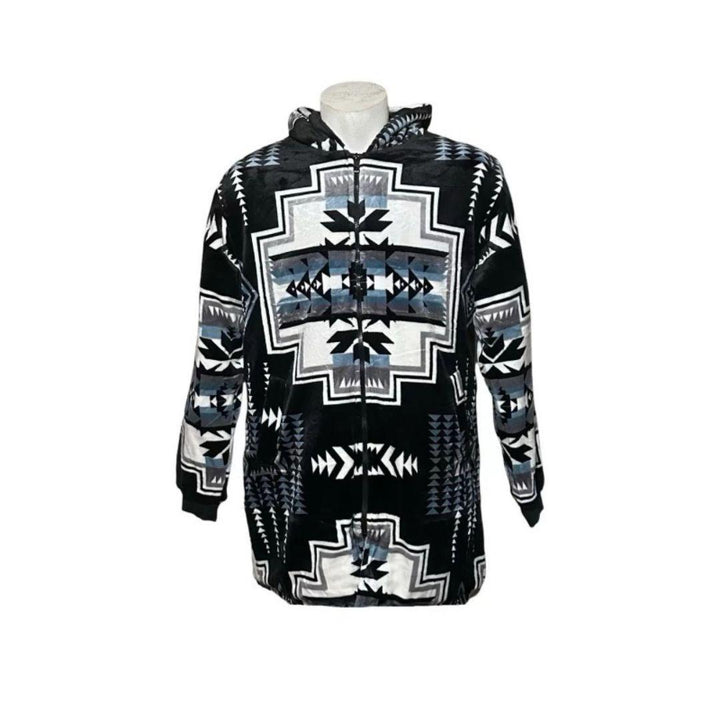 Front view of the black Geo-Storm Long Satin-Touch Southwestern Style Jacket with bold gray Southwestern-style geometric artwork and hood.