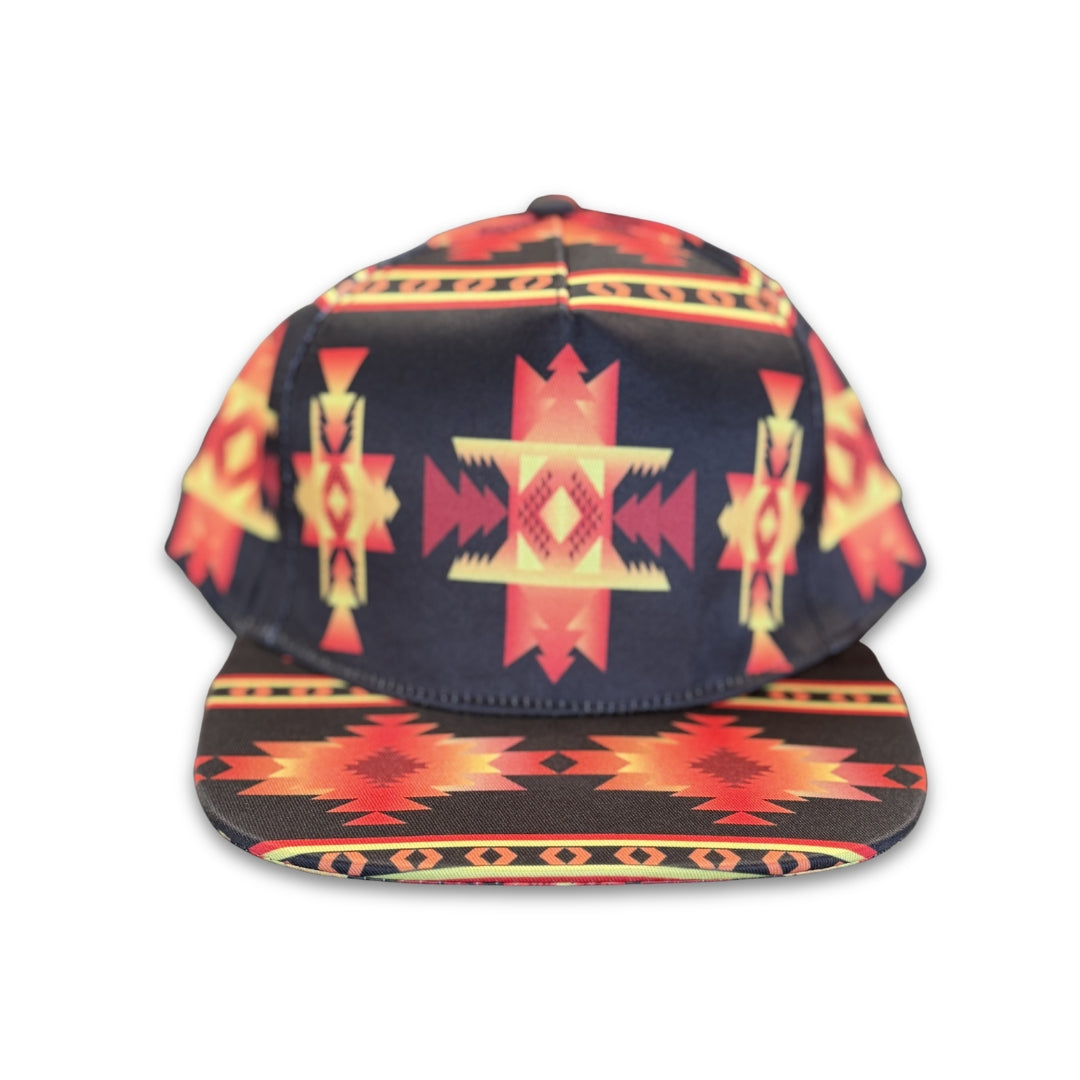Black Mesa southwest flat bill snapback hat featuring black geometric western-inspired patterns shown from the front.