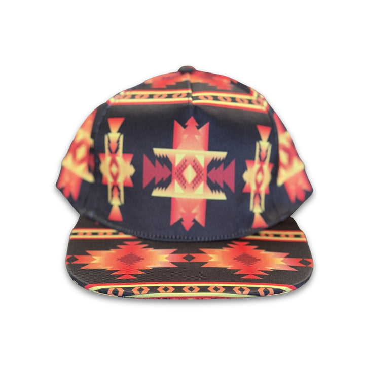 Black Mesa southwest flat bill snapback hat featuring black geometric western-inspired patterns shown from the front.