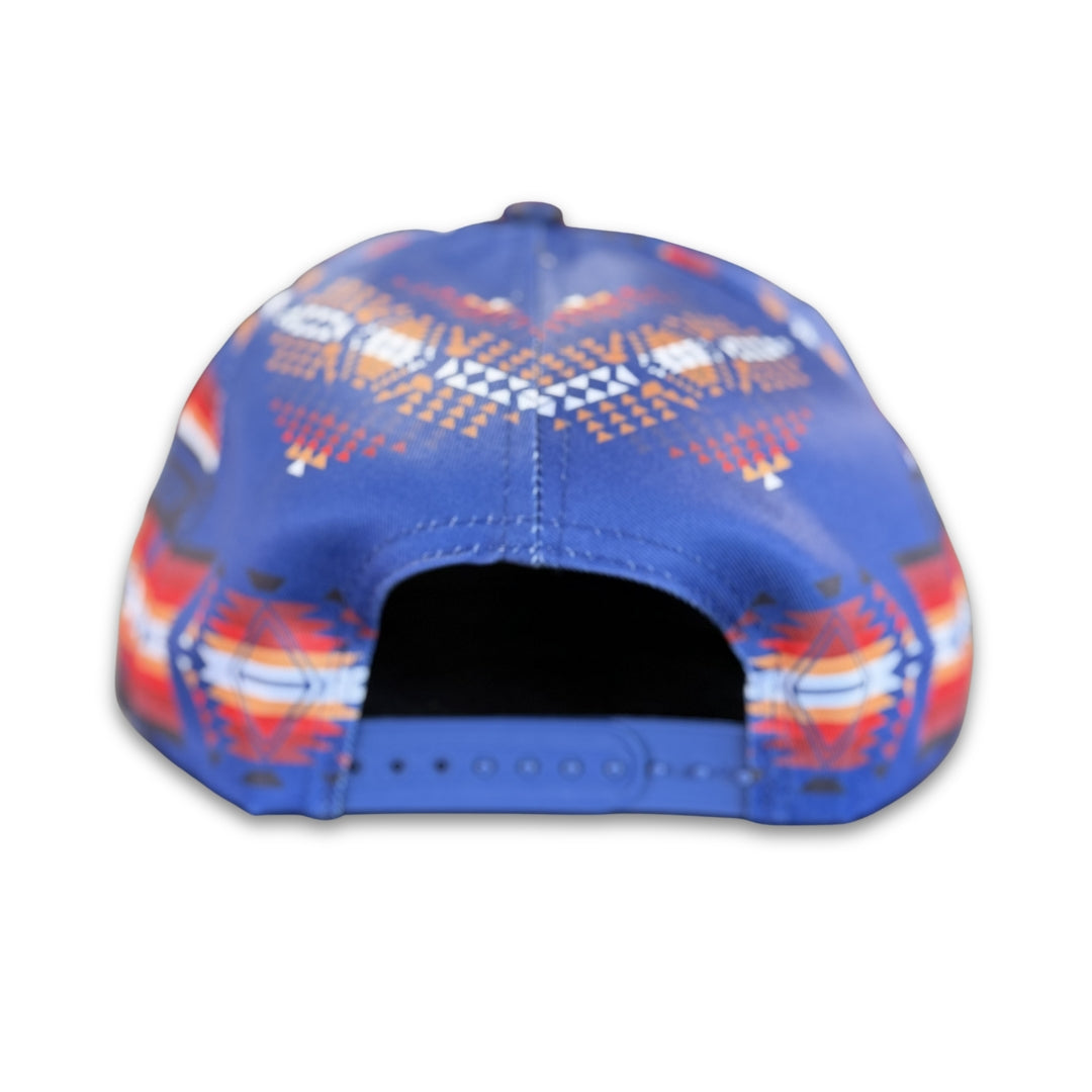 Back view of Blue Traditional southwest flat bill snapback hat with adjustable snapback closure and geometric southwest print.
