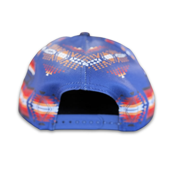 Back view of Blue Traditional southwest flat bill snapback hat with adjustable snapback closure and geometric southwest print.