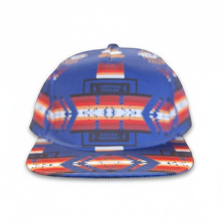 Blue Traditional southwest flat bill snapback hat featuring geometric western-inspired patterns shown from the front.