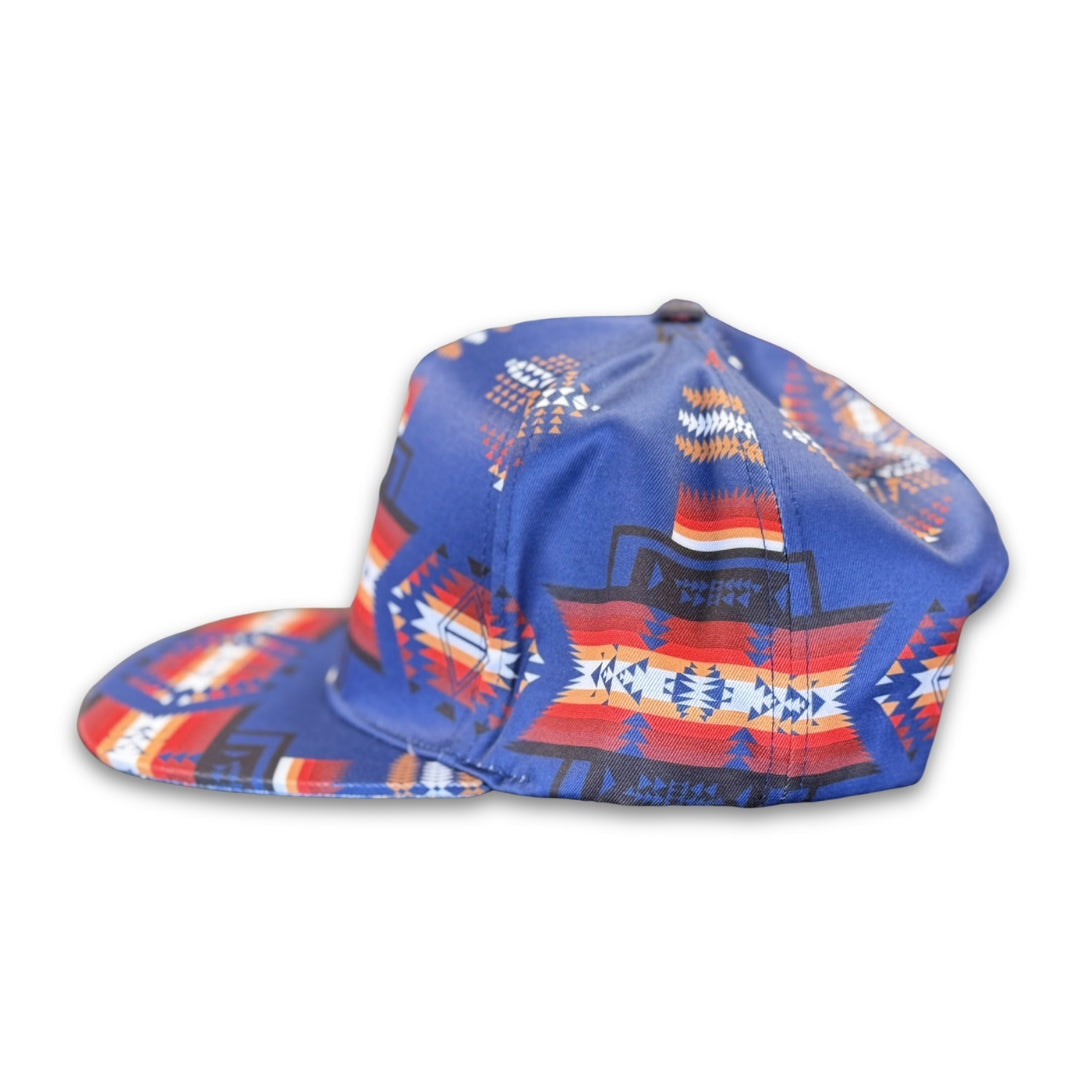 Side profile of Blue Traditional southwest flat bill snapback hat featuring bold geometric western-inspired patterns and flat brim design.