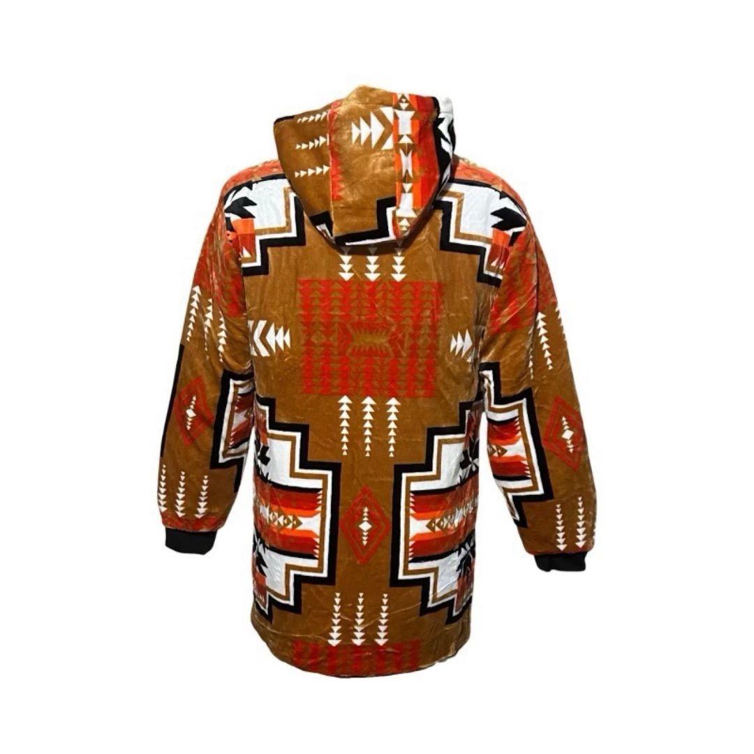 Back view of the buckskin Geo-Storm Long Satin-Touch Southwestern Style Jacket with Southwestern tribal-inspired pattern details.