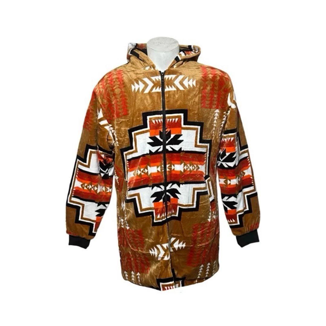 Front view of the buckskin Geo-Storm Long Satin-Touch Southwestern Style Jacket with orange and black Southwestern geometric designs.