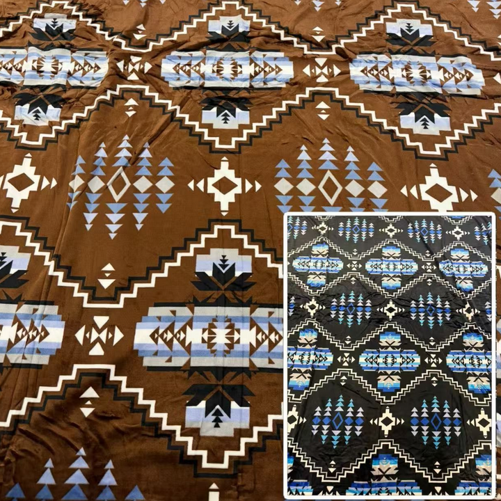 Canyon Crest Blanket in Buckskin with a geometric pattern and black preview inset
