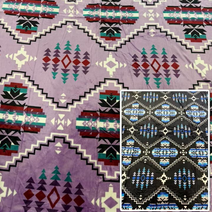 Canyon Crest Blanket in Lilac with a geometric pattern and black preview inset