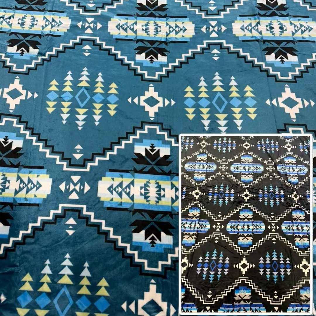 Canyon Crest Blanket in Sky Blue with a geometric pattern and black preview inset