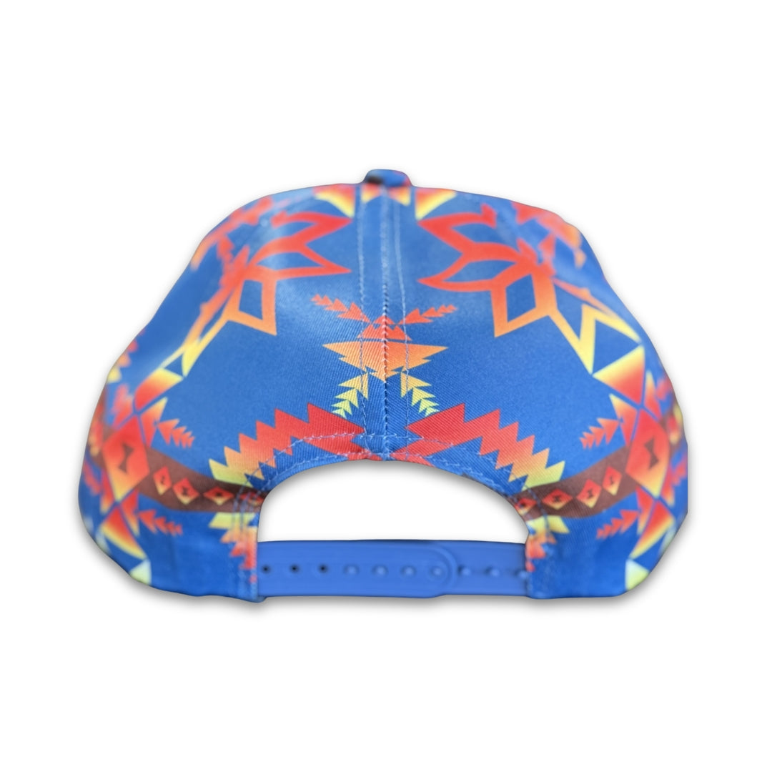 Back view of Canyon Sky southwest flat bill snapback hat with adjustable snapback closure and geometric southwest print.