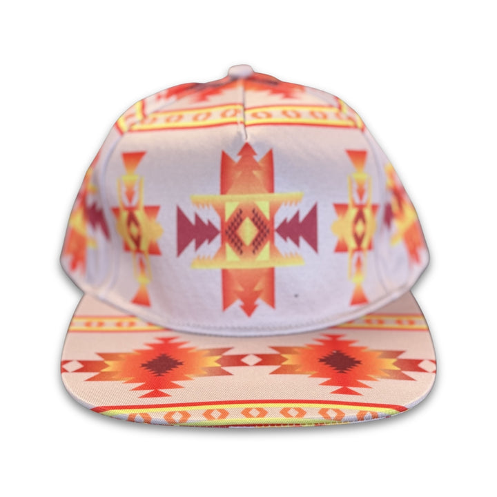 White flat bill snapback hat featuring southwest-inspired geometric patterns in orange, yellow, and burgundy tones.