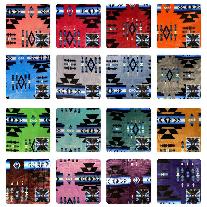 Collection of Diamond blankets available in multiple vibrant colors featuring Native-inspired geometric Southwestern patterns.