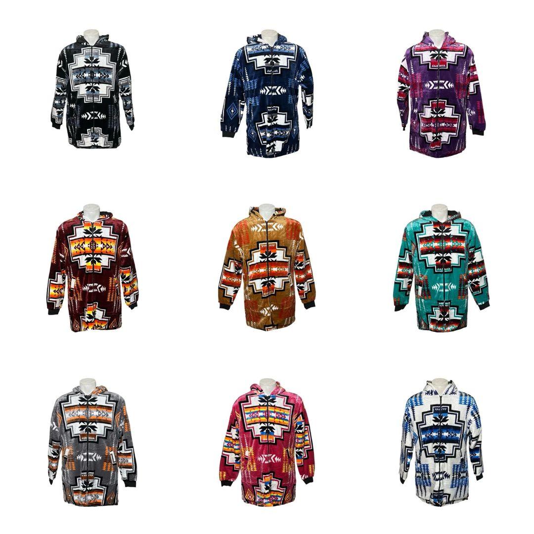 Geo-Storm Long Satin-Touch Southwestern Style Jacket collection featuring multiple Native-inspired geometric colorways in long hooded jacket designs.